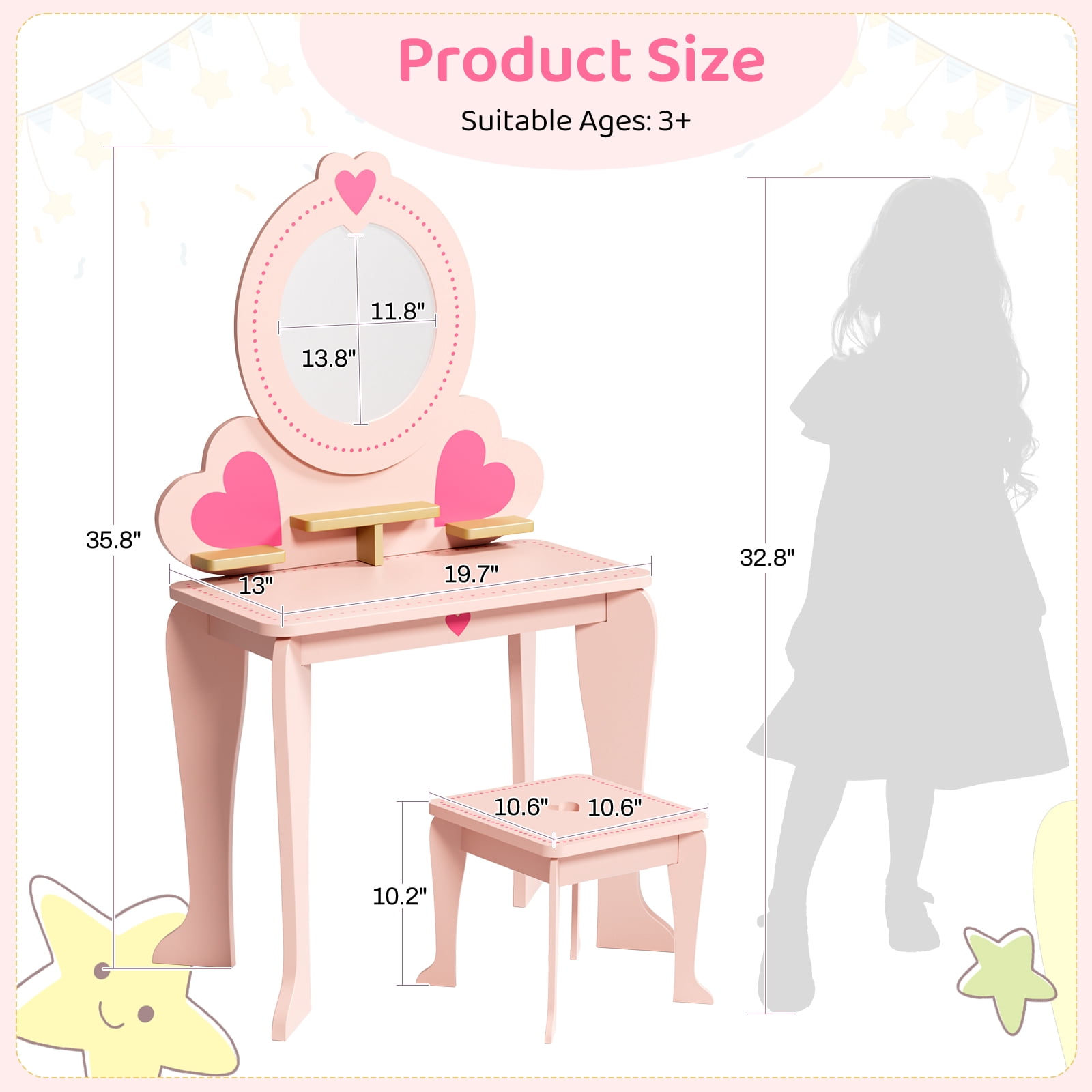 Pirecart Kids Vanity Makeup Table & Chair Set Make Up Stool Play Set for Children, Toddler Makeup Toy with 8 Pcs Accessories for Pretend Play, Pink