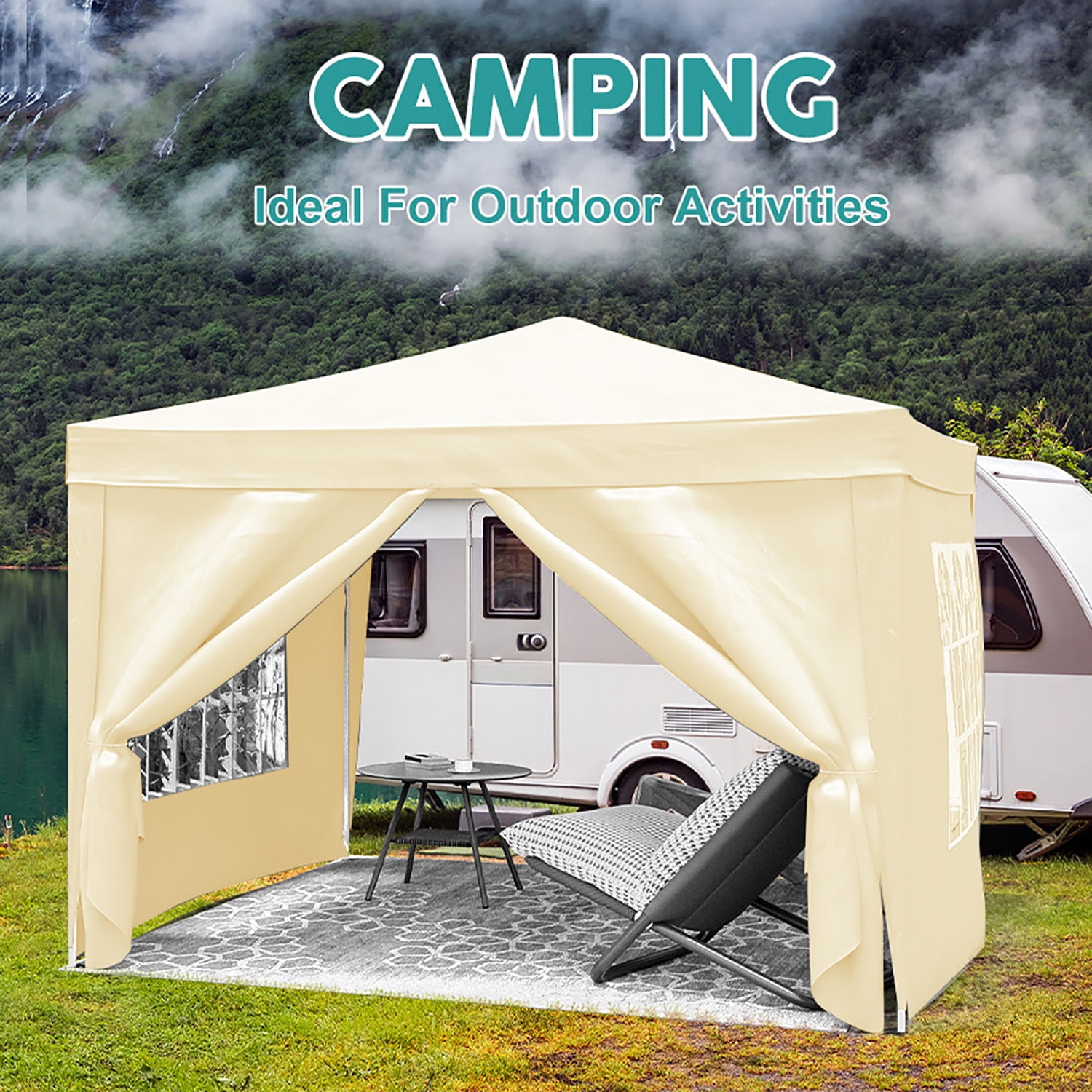 Aimee Lii 120"x120" Pop Up Tent, Backyard Canopy Gazebo with Sidewalls, Outdoor Patio Awnings for Party Camping BBQ Events, Beige
