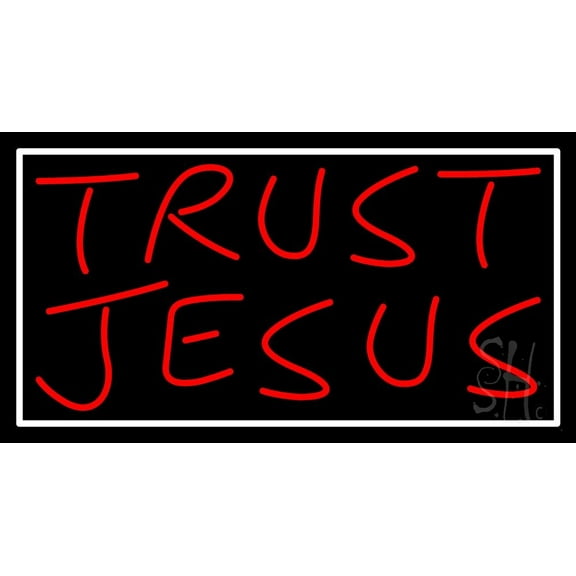 Trust Jesus With Border LED Neon Sign 13" Tall x 24" Wide - inches Black Square Cut Acrylic Backing, with Dimmer - Premium built indoor Sign for Home décor, Event, Religious place, Store interior.
