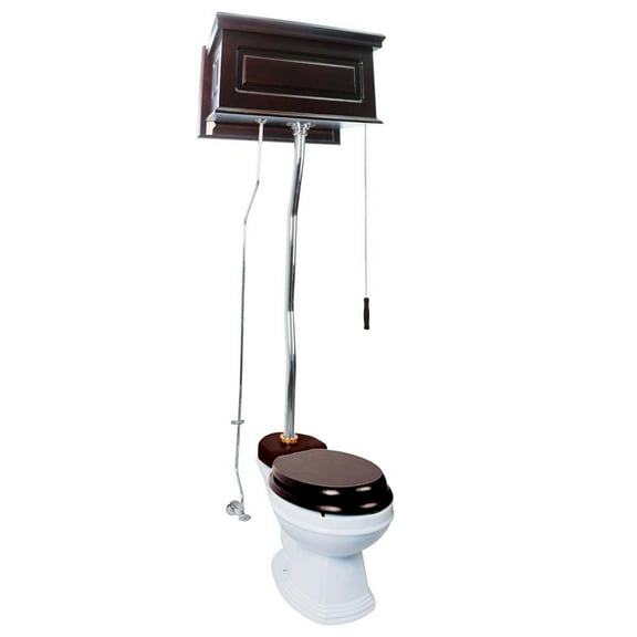 Renovators Supply High Tank Pull Chain Toilet w/Dark Oak Wooden Raised High Tank 59" to 74" Adjustable Height Chrome Z Pipe and Elongated Toilet Bowl