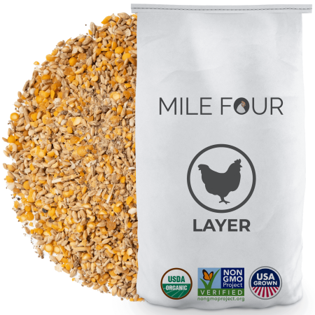 UPC: 0737488079777 | Mile Four | Layer Organic Chicken Feed | 100% US Grown Grains  Certified Organic  Certified Non-GMO  Corn-Free  Soy-Free  Non-Medicated Chicken Food | 16% Protein | Whole Grain | 23 lbs.