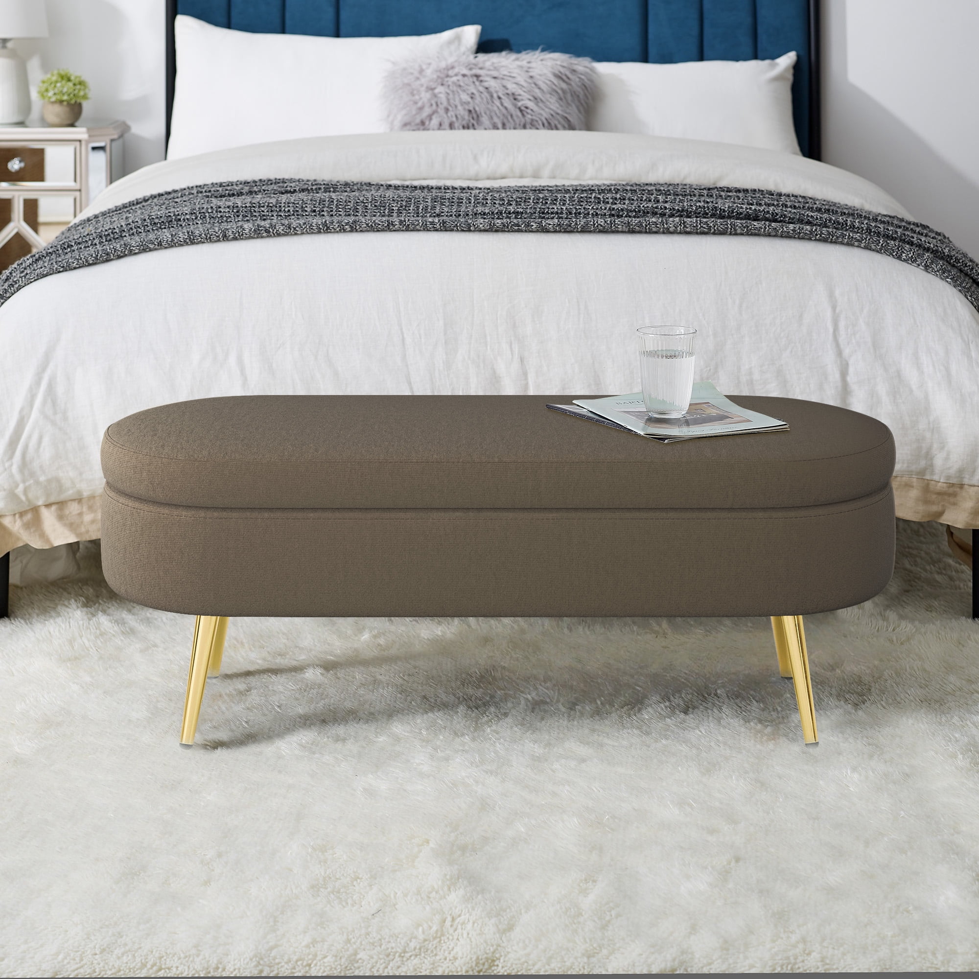 Oval Flannel Storage Ottoman Bench, Upholstered Footstool with Metal Legs, 43.5"x16"x16", 250lbs Capacity for Home Decor