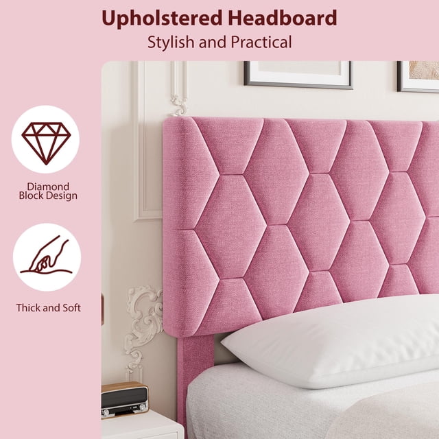 Pink Upholstered Platform Bed Frame – Adjustable Headboard – Heavy Duty Plain Wood Slats – No Box Spring Needed – Noise-Free, Easy Assembly – Modern Bedroom – Color: Pink, Size: King
