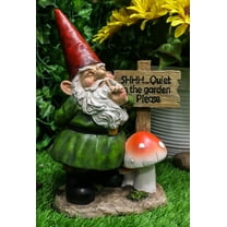 Whimsical Garden Gnome With Toadstool Mushroom And SHHH Quiet Yard Sign Statue