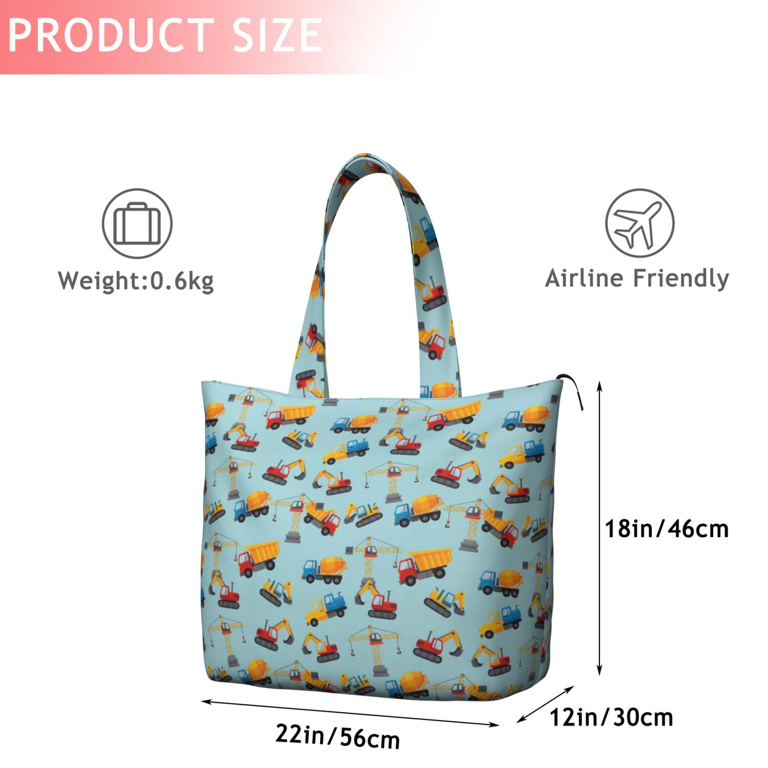 Cartoon Construction Vehicles Cranes Light Blue Pattern Travel Tote Bags for Women Carry On,Large Weekender Bags for Women Travel,Multi Functional Duffle Bag for Work,Shopping,Sports
