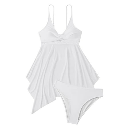 Women s Swim Dress 2 Piece Swimsuit with Skirt Modest Cut Out Padded Twist Bathing Suits Swimwear Swimdress with Bottom Womens Adjustable Bikini Bra Shorts Bikini Swimsuit Split Swimsuit White S