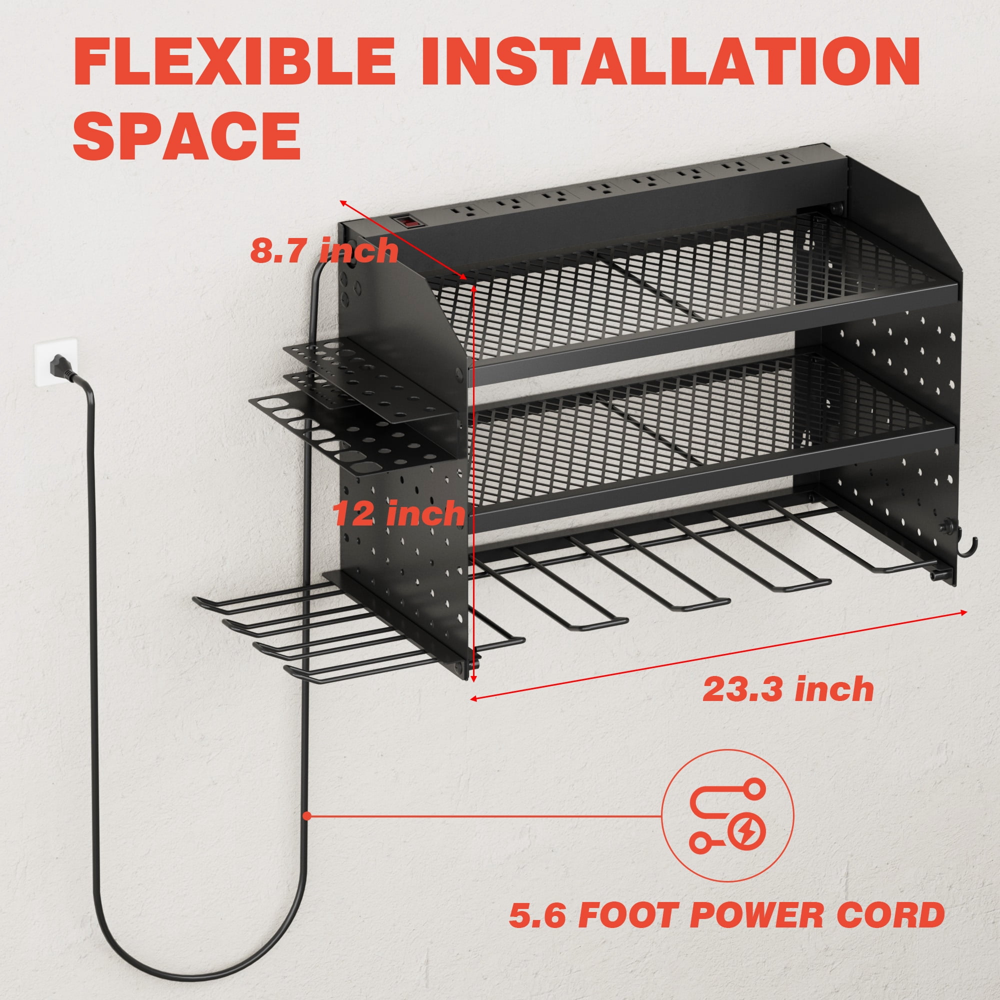 VDEVY Power Tool Organizer Wall Mount with Charging Station, 8 Outlet Heavy Duty Metal Garage Tool Storage Rack, 23 Inch 3 Tier Shelves for Workshop & Garage Organization