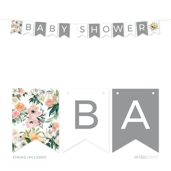Peach Coral Floral Garden, Baby Shower, 5-Feet Hanging Pennant Party Banner with String