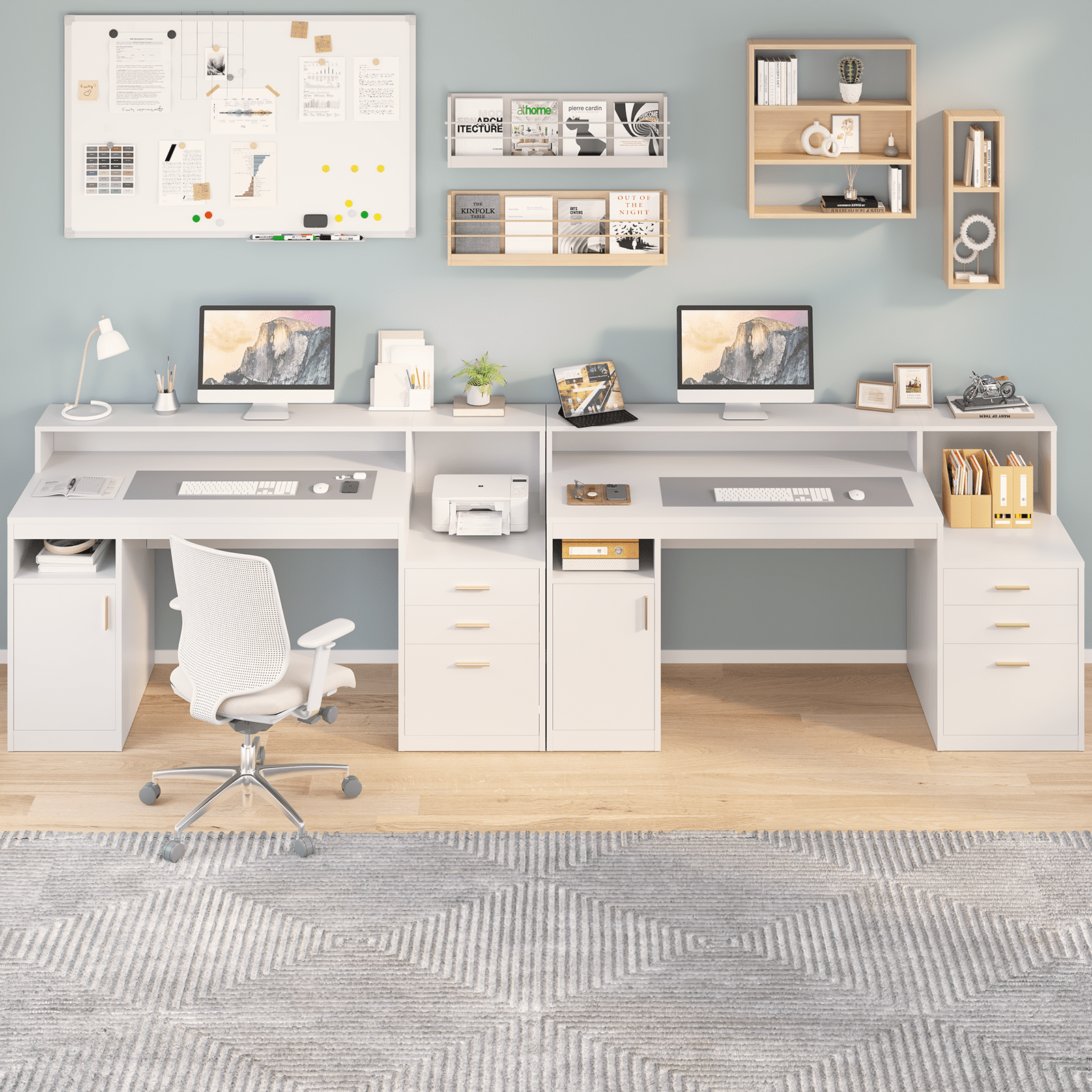 Computer Desk with 3 Drawer & Storage Shelves, Home Office Desk with File Drawer & Cabinet, Writing Study Table with Long Monitor Stand & Printer Shelf, Executive Desk, White