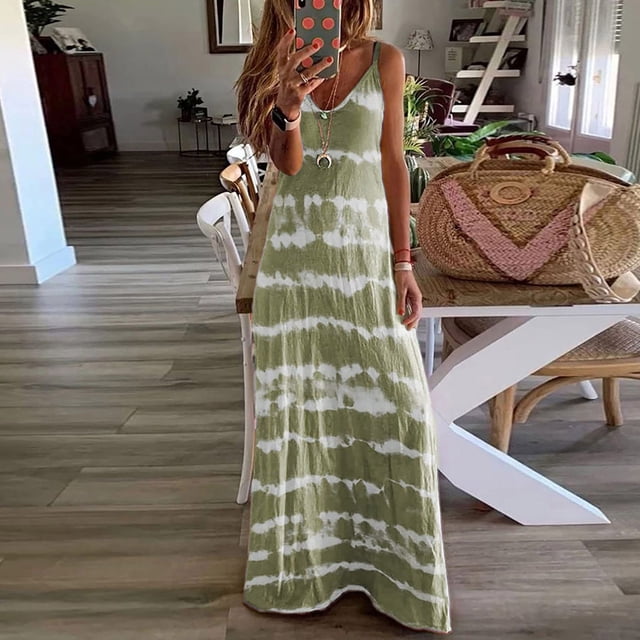 Fankiway Robe Longue Maxi Décontractée Aguichant à Col en V Imprimée Sans Manches pour Femmes, Mode Vacances Été, Robes de Plage pour Femmes, Grande Taille, Robes pour Femmes