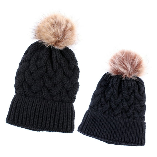 2PCS Gorro De Bola De Pelo Para Padres E Hijos Gorro De Invierno Cálido De Punto Negro Sunnimix Gorro para madre e hijo