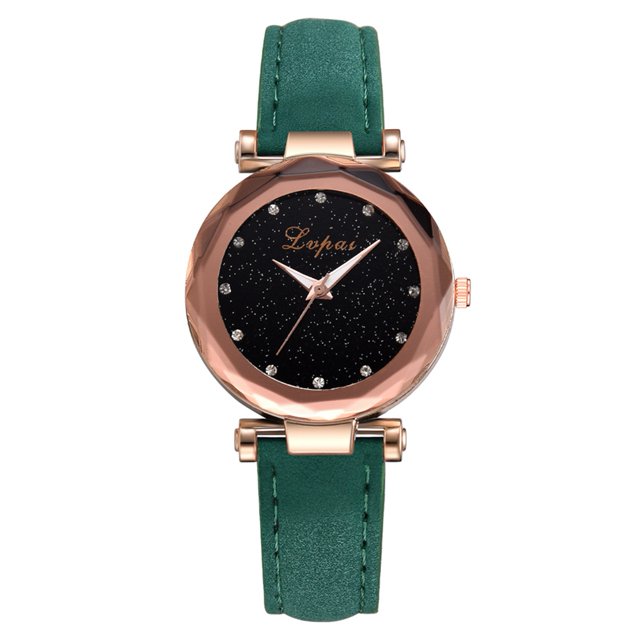 Reloj de pulsera de cuarzo con correa de cuero PU con esfera de cielo y estrellas de diamantes de imitación simples para mujer (verde)