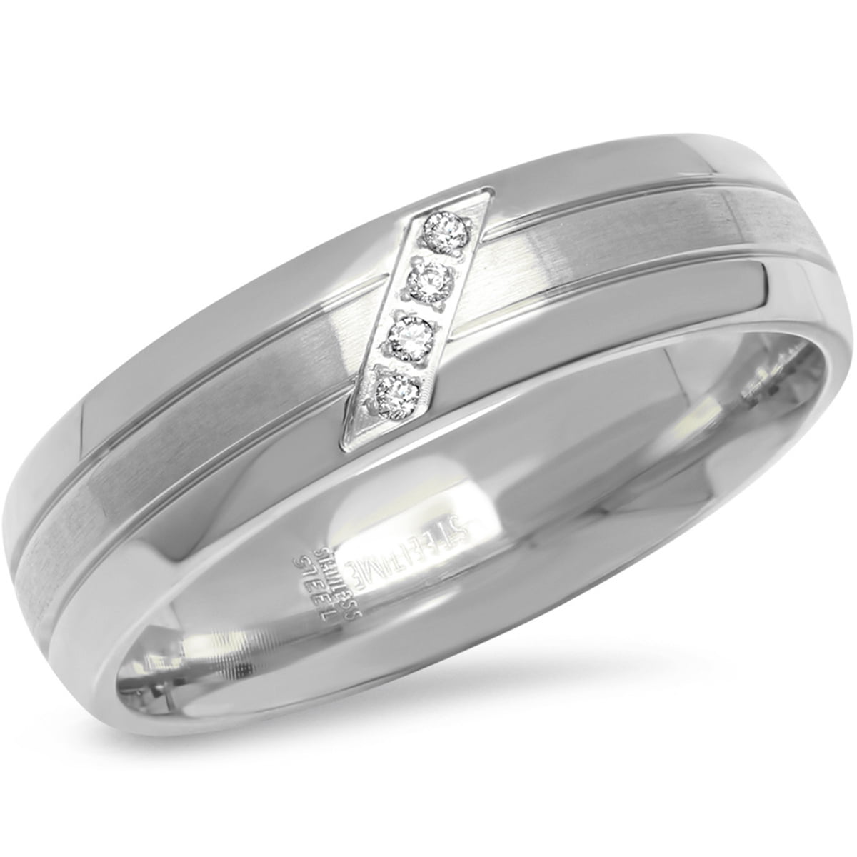 Men's Stainless Steel Lined Band Ring With Simulated Diamonds
