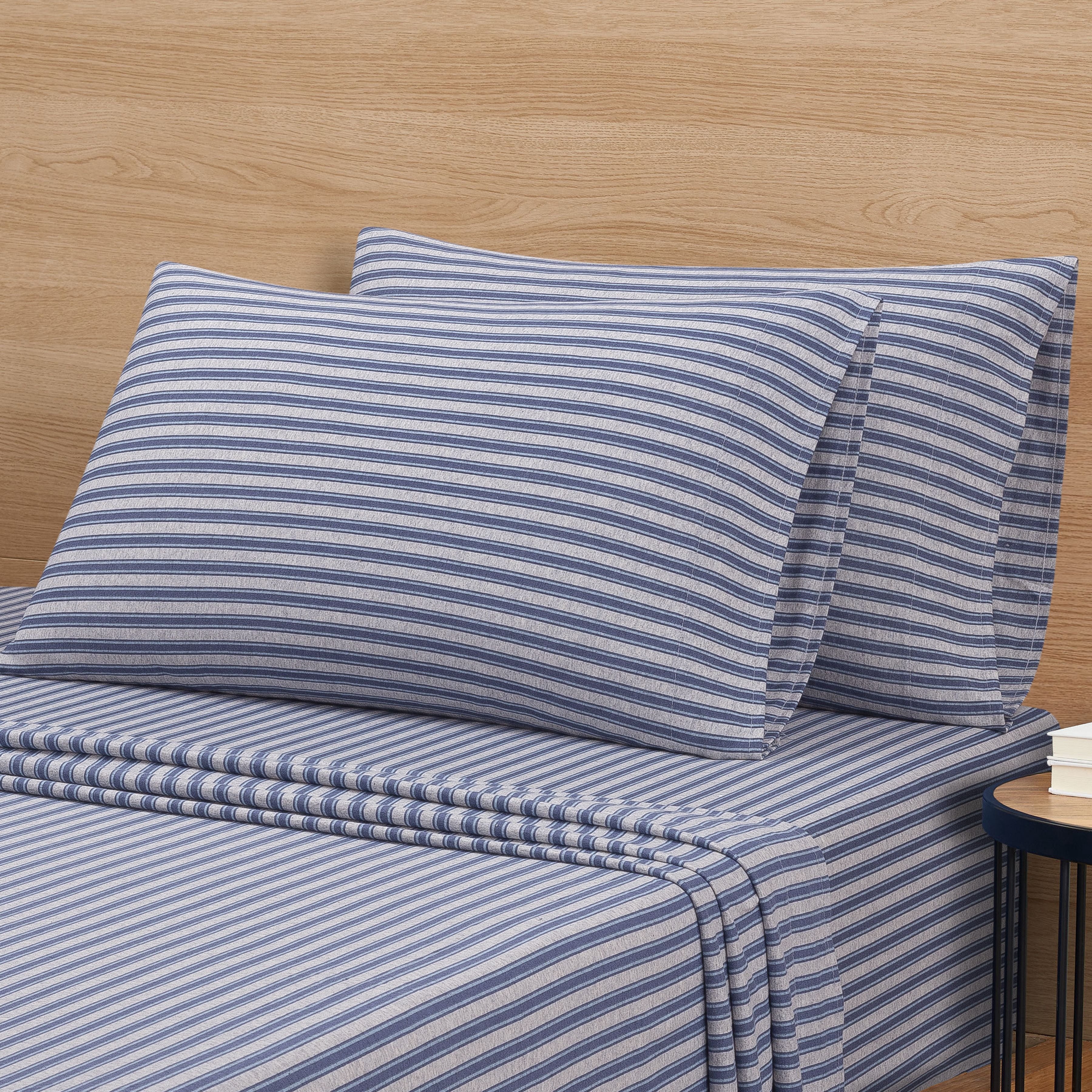 Mainstays Cotton Rich Extra Soft Jersey Bed Sheet Set, Queen, Blue Stripe, 4 Pieces
