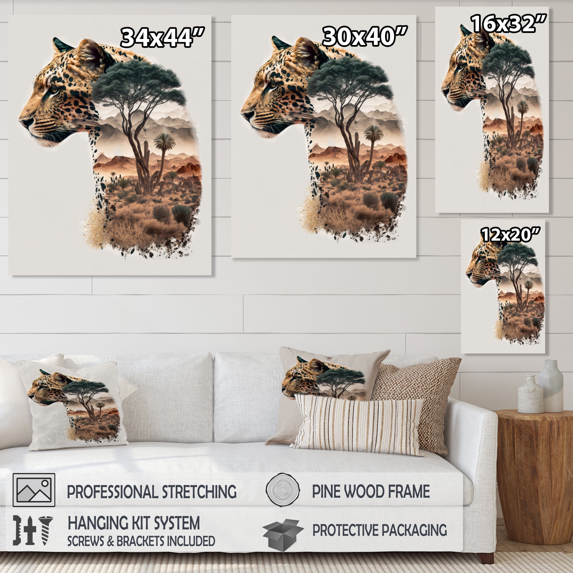 Designart Double Exposure Of A Tiger With African Landscape III Canvas Wall Art