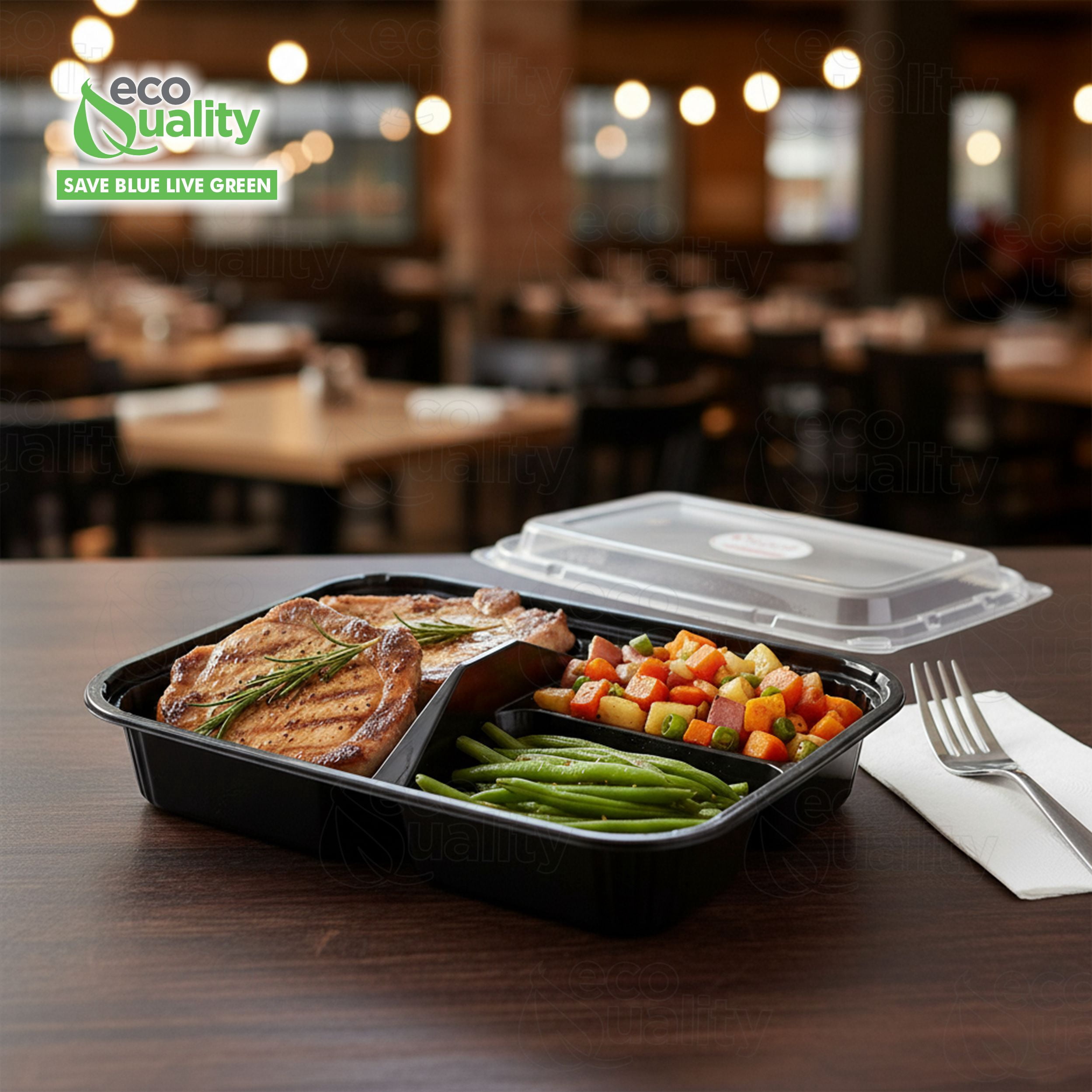 EcoQuality [45 Pack] 3 Compartment Black Disposable Container with Lids, Meal Prep Container, Food Storage Bento Box, Disposable, Stir Fry | Lunch Boxes | BPA Free