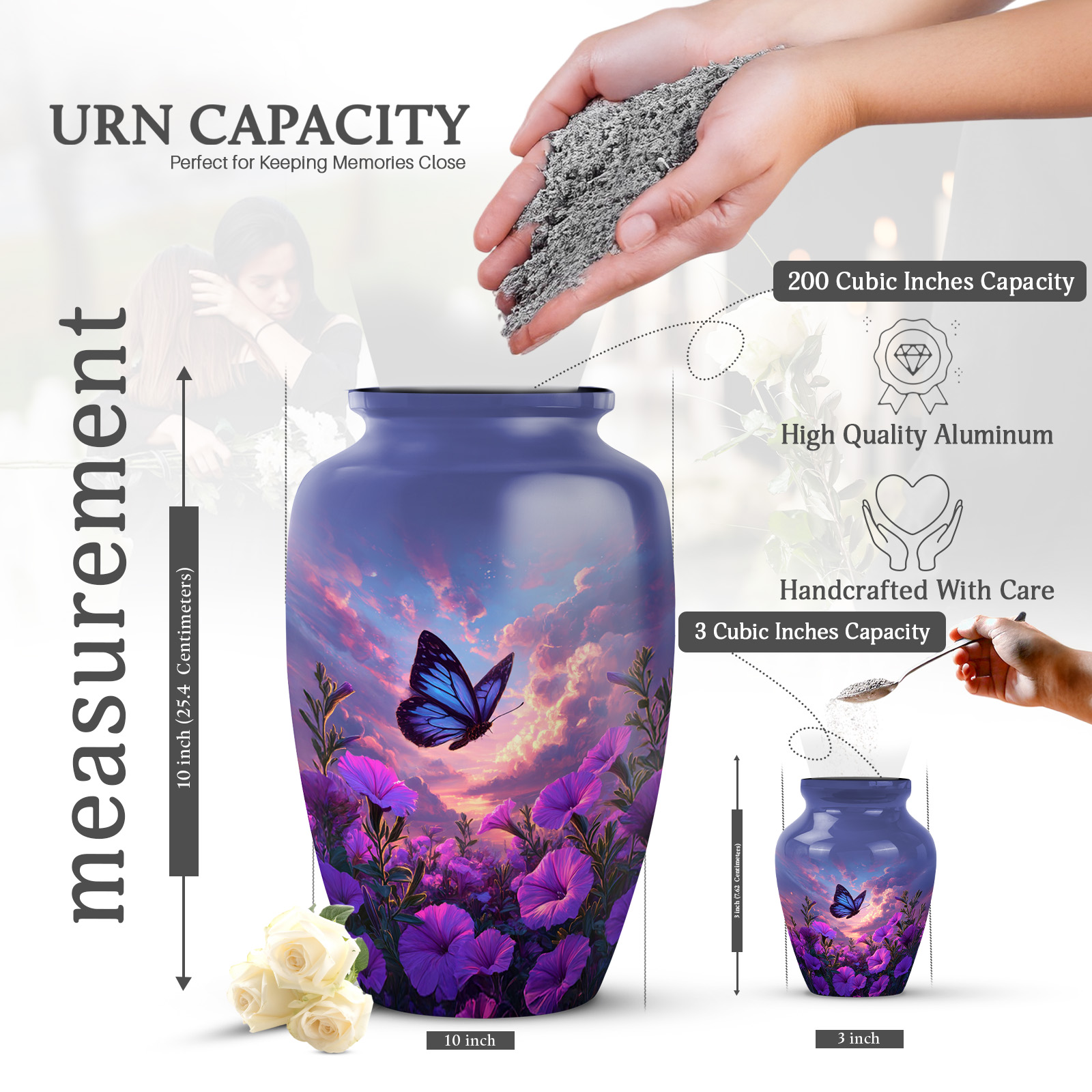 KARYLIZ Petunia Urns for Human Ashes Large Adult Male - Sunset Purple Flowers Urns for Human Ashes Adult Man & Women - Butterfly Cremation Urn for Mom & Dad - Memorial Ash Urn for Female 3 Inch