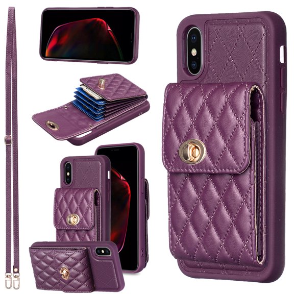 ELEHOLD Luxury Wallet Case for iPhone XS Max Case Organ Card Slots Holders PU Leather Metal Snap with Crossbody Shoulder Strap Shockproof Elegant Purse Case,purple
