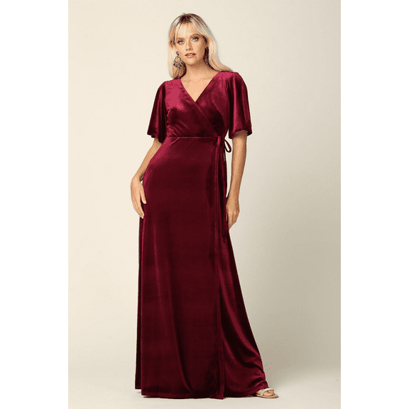 Women's Eva USA 3432 Mother Of Groom Long Flutter Sleeve Velvet Gown Burgundy S