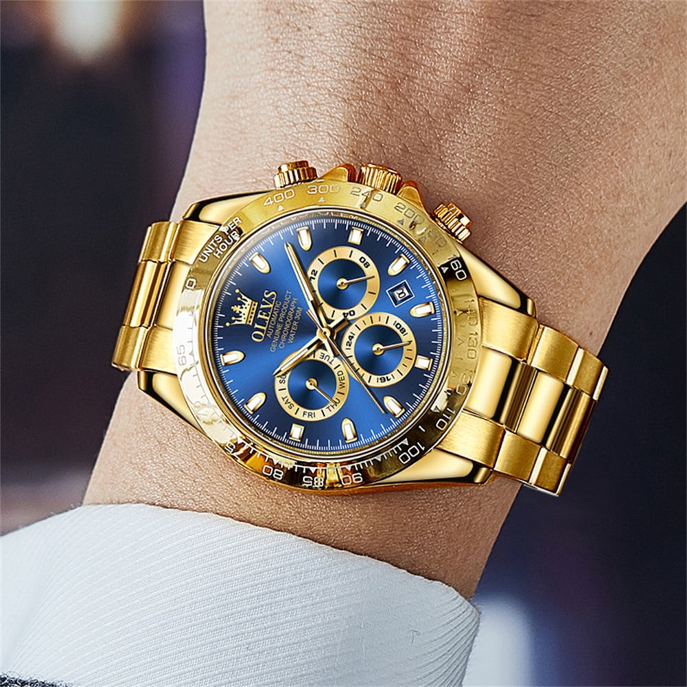 OLEVS Automatic Watches for Men Self Winding Chronograph Mechanical Luxury Dress Stainless Steel Calendar Date Waterproof Luminous Mens Wrist Watches Gift Reloj Para Hombre Gold/Black/Blue/Green Dial