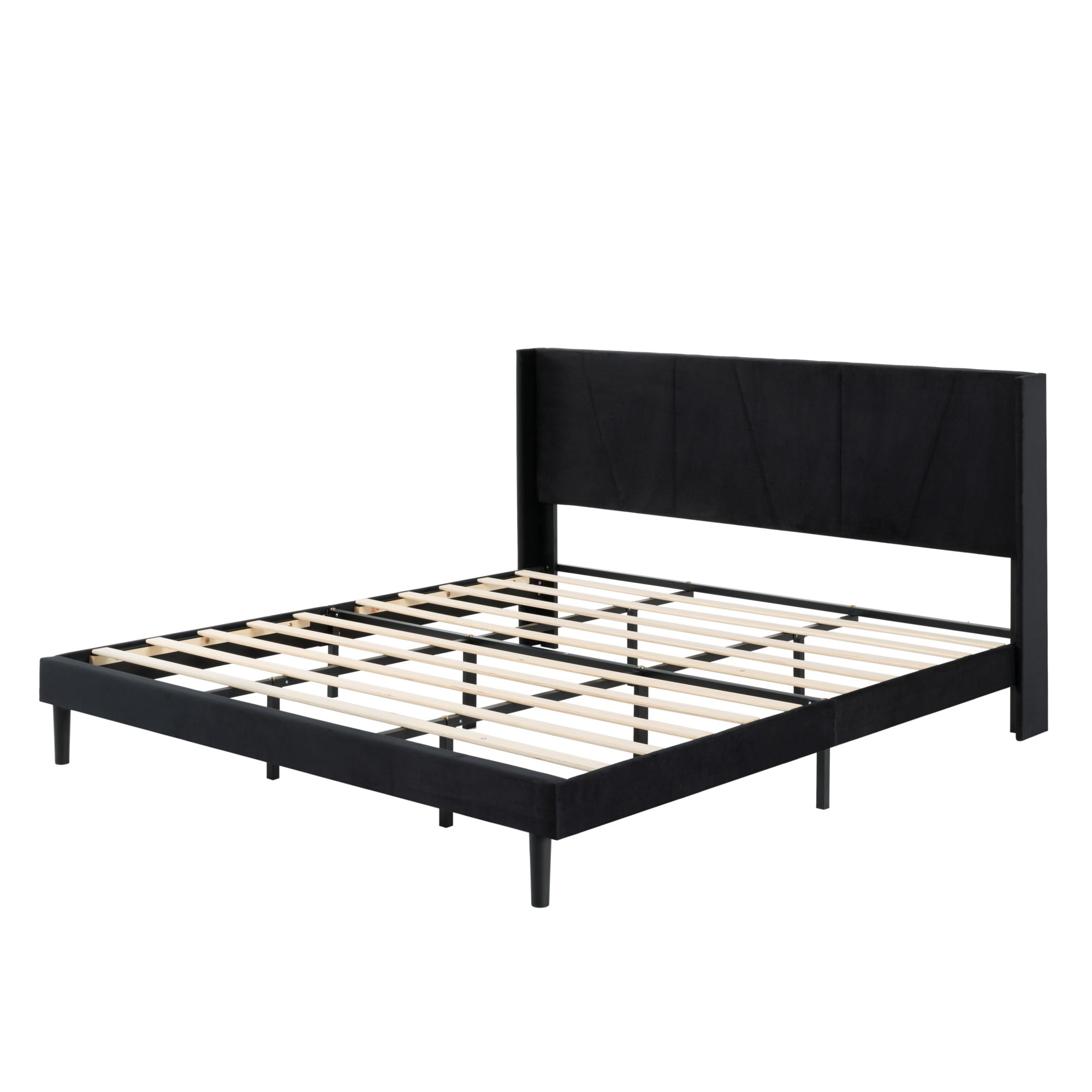 Gewnee King Size Bed Frame,Velvet Upholstery Platform Bed with Headboard,No Box Spring Needed,Black