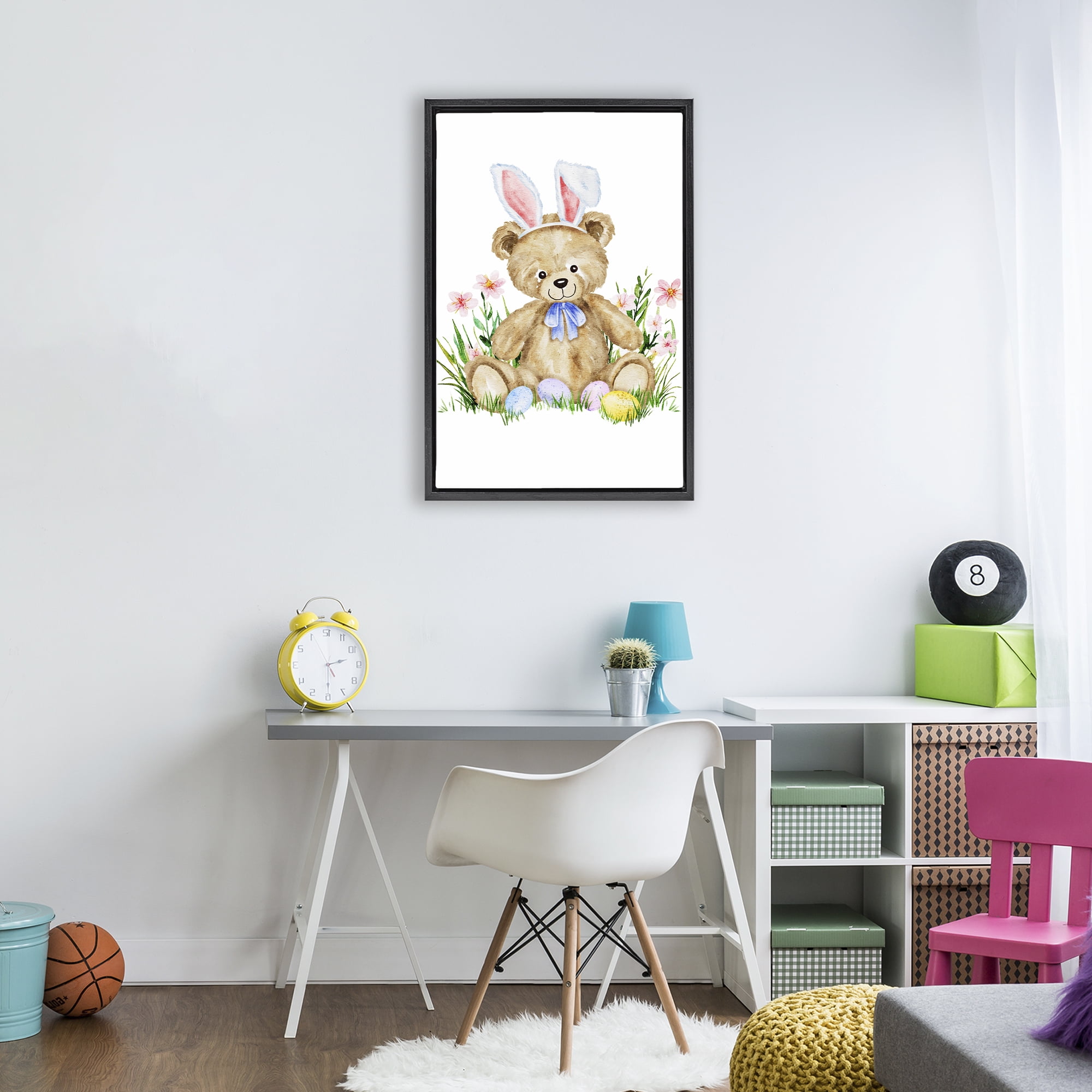 Springy Easter Teddy Bear Black Framed Floater Canvas Wall Art, design by Amy Hall