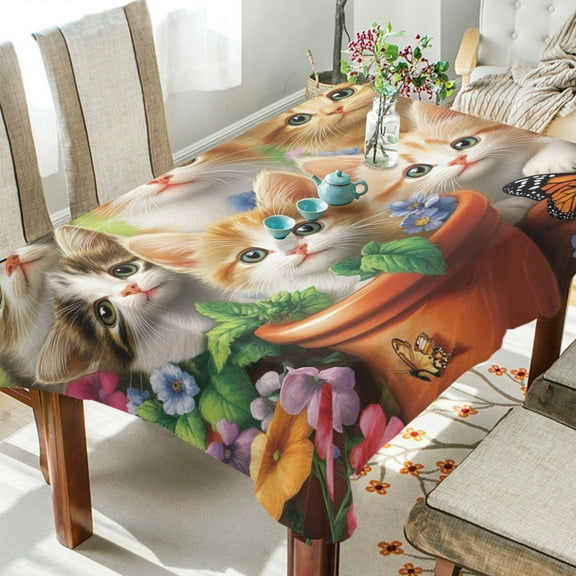 YAZAOO Square Tablecloth Kittens in Flower Pots Butterflies Pattern Tableclothes