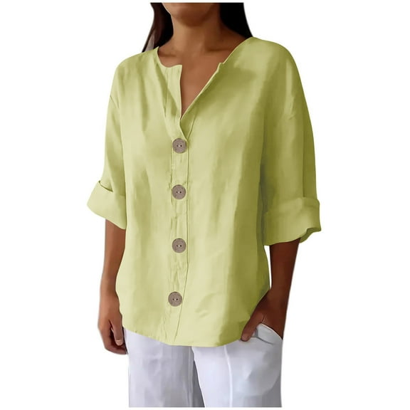Womens Cotton Linen 3/4 Sleeve Shirts V Neck Button Down T-Shirt Fashion Casual Loose Solid Color Tops for Beach Vacation Summer