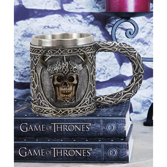 Ebros Viking Skull With Bison Horned Helmet Drinking Mug 24oz w/ Celtic Pattern