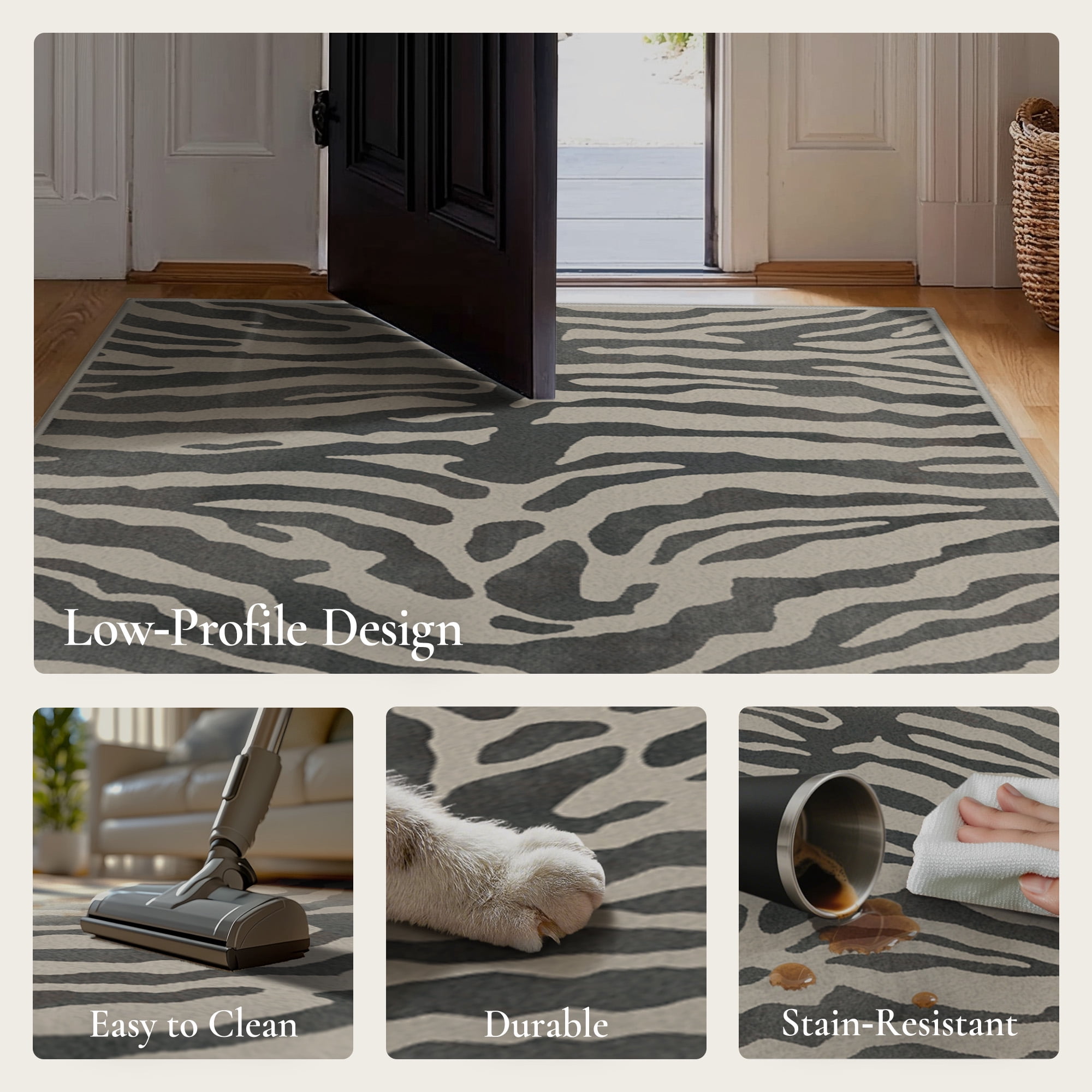 KUETH 2.5x10 Zebra Runner Rug Machine Washable, Kitchen Runner Rug for Floor and Hallway, Non Slip Flat Pile Area Rug with Rubber Backing for Entryway Bathroom Bedroom Laundry