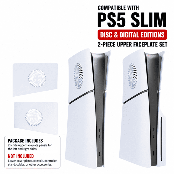 Replacement Console Shell Panels Compatible with PS5 Slim, 2-Piece Vented Upper Cover for Disc and Digital Editions, White ABS Faceplate