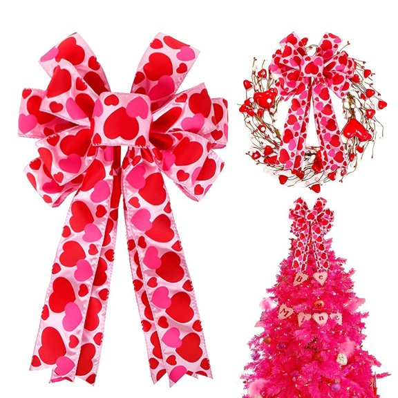 CxhicLuv Valentine's Day Heart Shaped Bow Tree Topper, Romantic Red Ribbon Wreath for Valentine’s Day, Heart-Shaped Valentine's Day Decor, Home & Holiday Decorations, Sweet Holiday Vibes