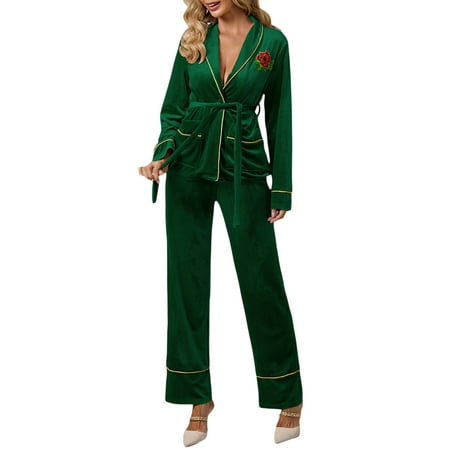 

Pajamas Women s Long Sleeve Sleepwear Soft Button Down Belted Robe Tops Long Pants Loungewear Pjs Set Nightwear