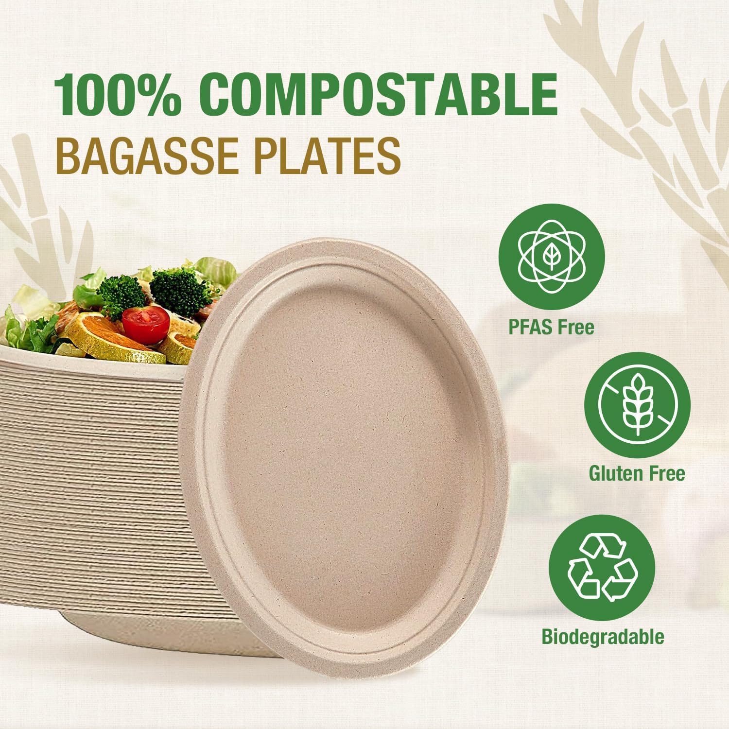 VIVOSPROUT Disposable Compostable Paper Plates (Natural Brown, 10 Inch - 125pk)