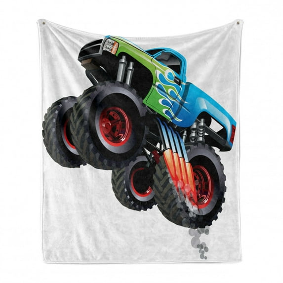 Cars Soft Flannel Fleece Throw Blanket, Cartoon Monster Truck Cool Vehicle Modified to the Perfection Colorful Design, Cozy Plush for Indoor and Outdoor Use, 50" x 60", Aqua Green Black, by Ambesonne