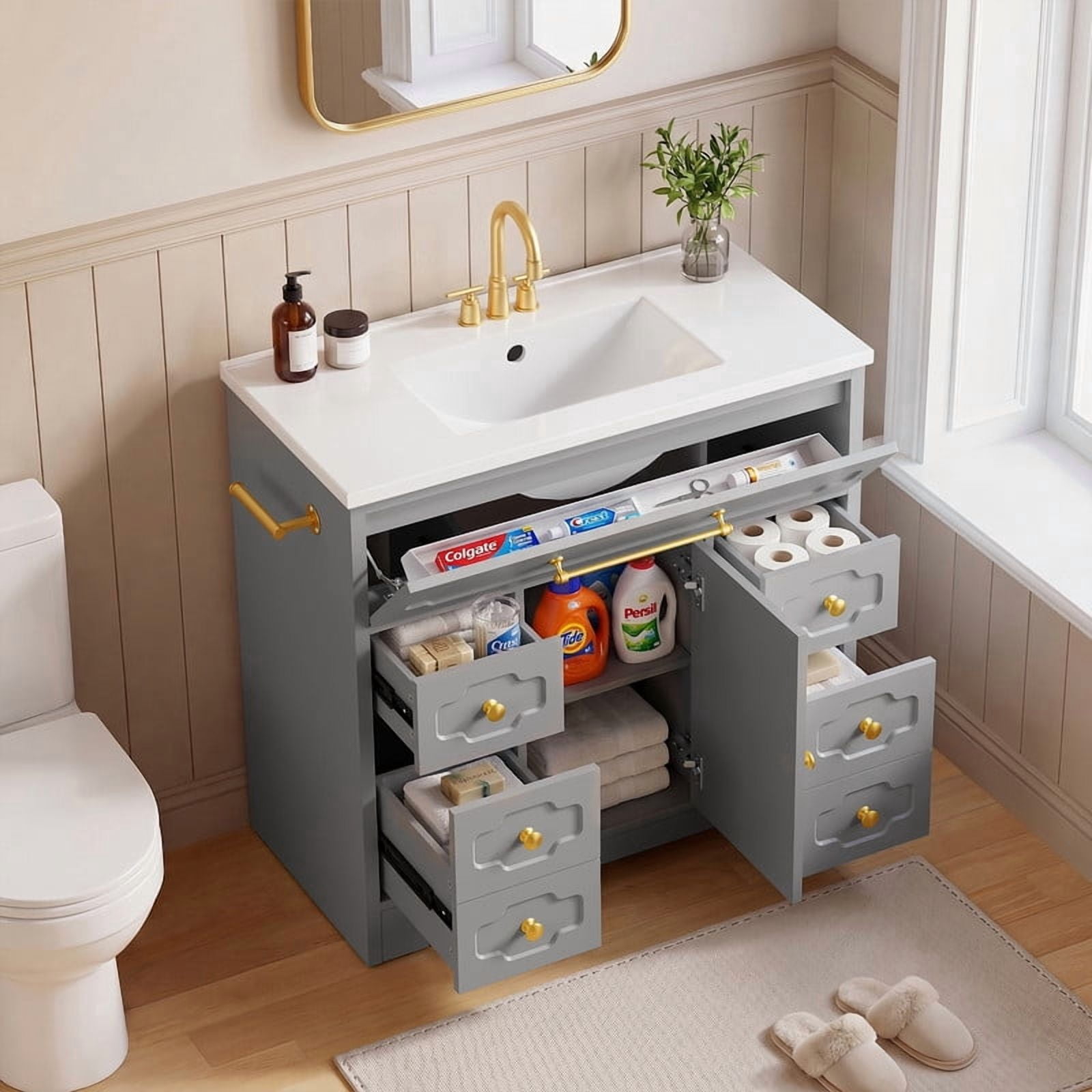 Lacoo 36'' Bathroom Vanity with Ceramic Sink Top, Modern Bathroom Storage Cabinet with Soft Close Drawers, Pre-Drilled Faucet Holes, Freestanding Vanity for Bathroom, Gray(2 Pack)