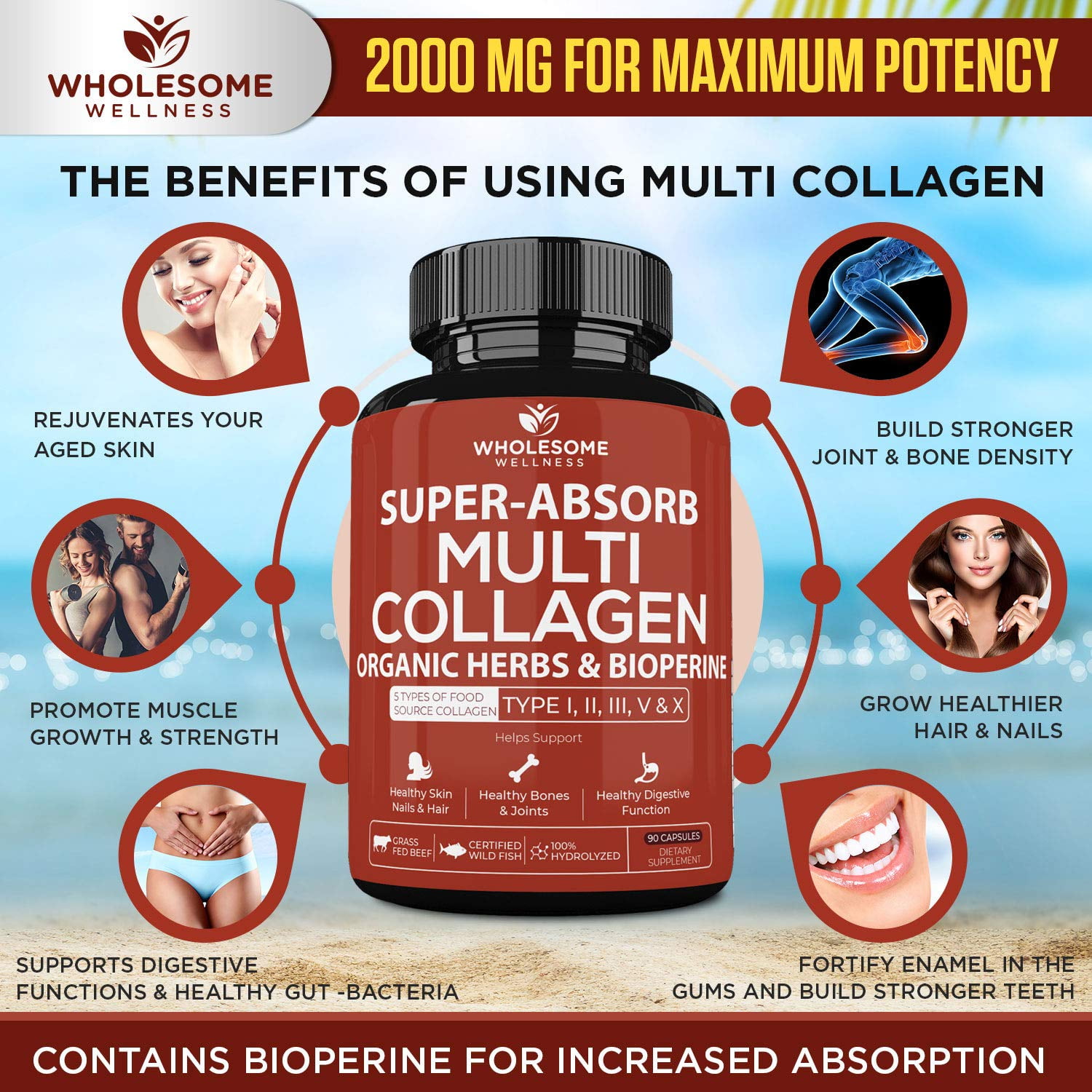 Multi Collagen Pills (Type I II III V X)and Bioperine -  Hair, Skin, Nails, Joints - Collagen Peptides Protein Supplement for Women Men