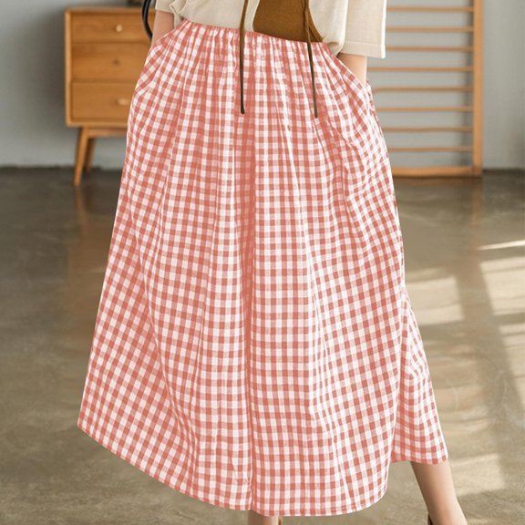 Costeam Womens Gingham Plaid Midi Skirt Elastic Waist with Side Pockets Flowy A Line Casual Summer Beach Multi Color Skirts