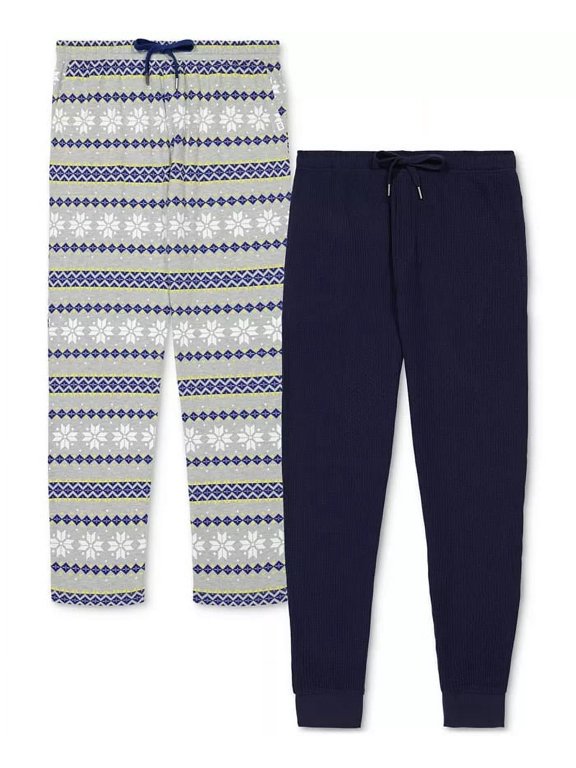 Mens 2Pk. Waffle-Knit Jogger-Leg Pajama Pants Navy & Fair Isle Grey-Large