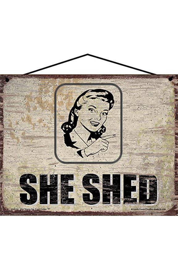 8x10 She Shed Vintage Style Sign with Lady Pointing Right - Perfect for Creating Your Personalized Woman's Sanctuary or Retreat Space, Mother's Day Gift