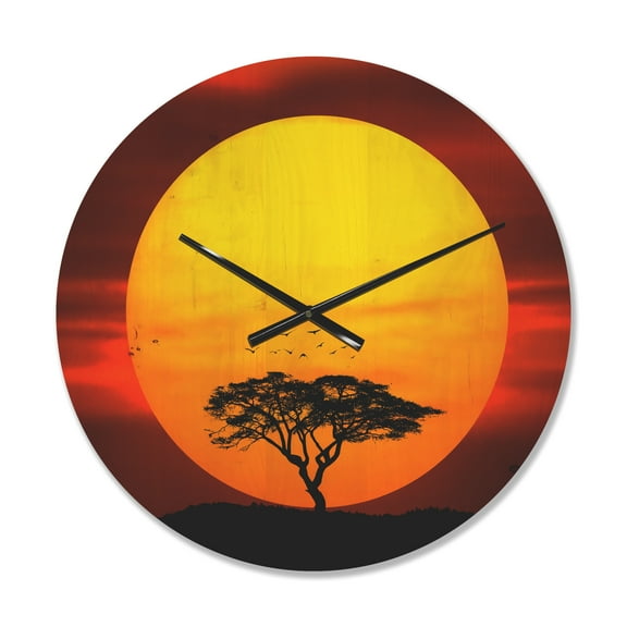 Designart 'Lonely Tree With Birds at Evening Glow' Modern Wood Wall Clock