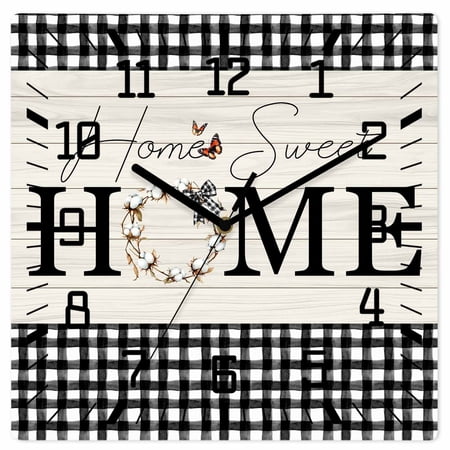 Farmhouse Home Wooden Wall Clock Silent Non Ticking, Black Plaid Vintage Wood Grain Butterfly Square Wall Clocks Battery Operated, Decor Clock for Home Office, Living Room, Kitchen, 12 Inch