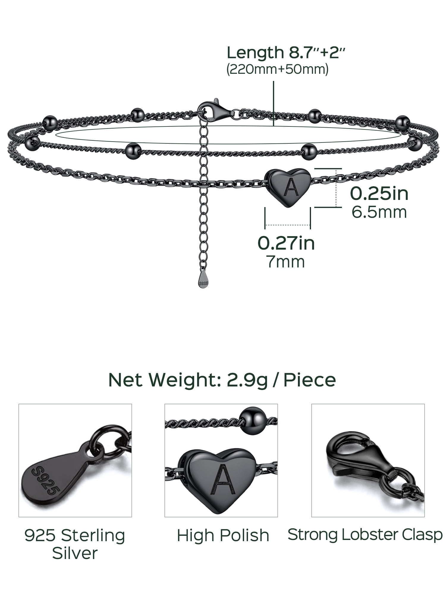 ChicSilver Trendy Sterling Silver Initial Anklet for Women Black Layered Beaded Chain Ankle Bracelet Summer Beach Jewelry
