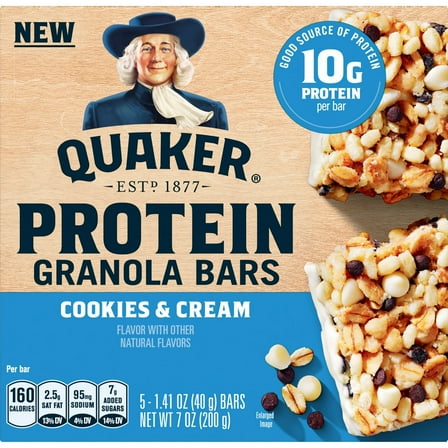 Quaker Protein Granola Bars, Cookies & Cream, 1.41 oz, 5 Count pack of 1