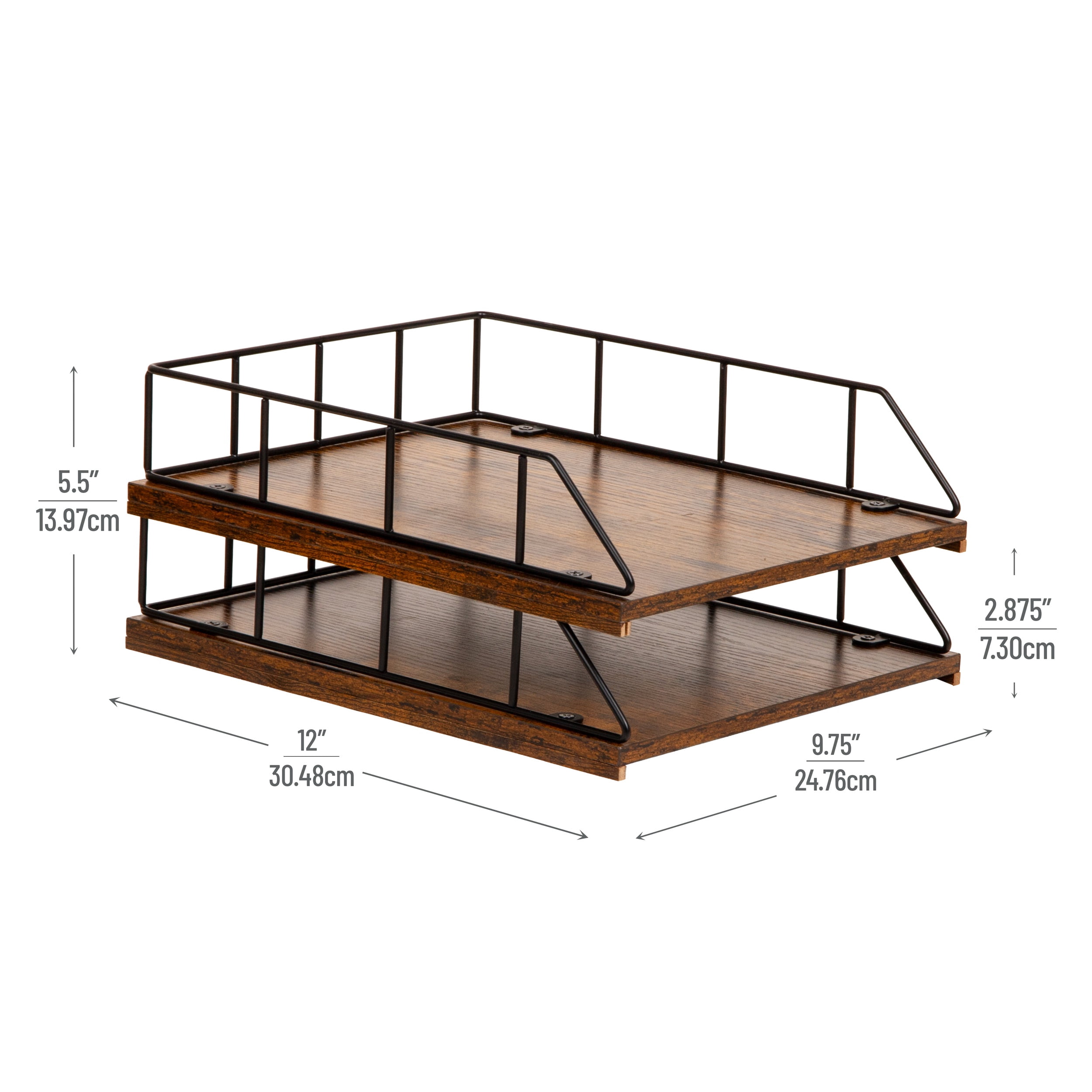 Mind Reader 2-Tier Rustic Letter Tray Organizer with Metal Frame, Wood Base for Desk or Office, Stackable, Metal and Wood, Black