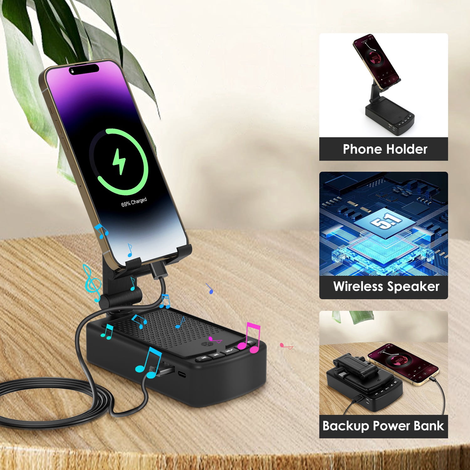 Imountek 3 in 1 Cell Phone Stand with Wireless Speaker, 8000mAh Power Bank, Compatible with Phone Tablet, Foldable Design for Home Office Outdoor, Black