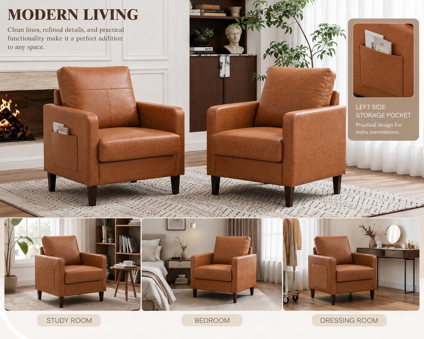 MOONMISS Modern Accent Chair Set of 2,PU Leather Single Sofa with Wood Legs,Reading Armchair for Living Room,Bedroom,Office,Brown