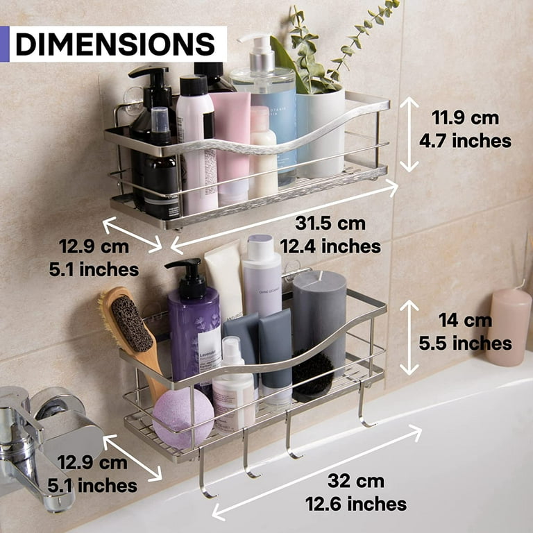 KINCMAX Shower Shelves 2-Pack - Self Adhesive Shower Caddy with 4 Hooks and  2 Adhesives - No Drill Large Capacity Stainless Steel Wall Shelf 