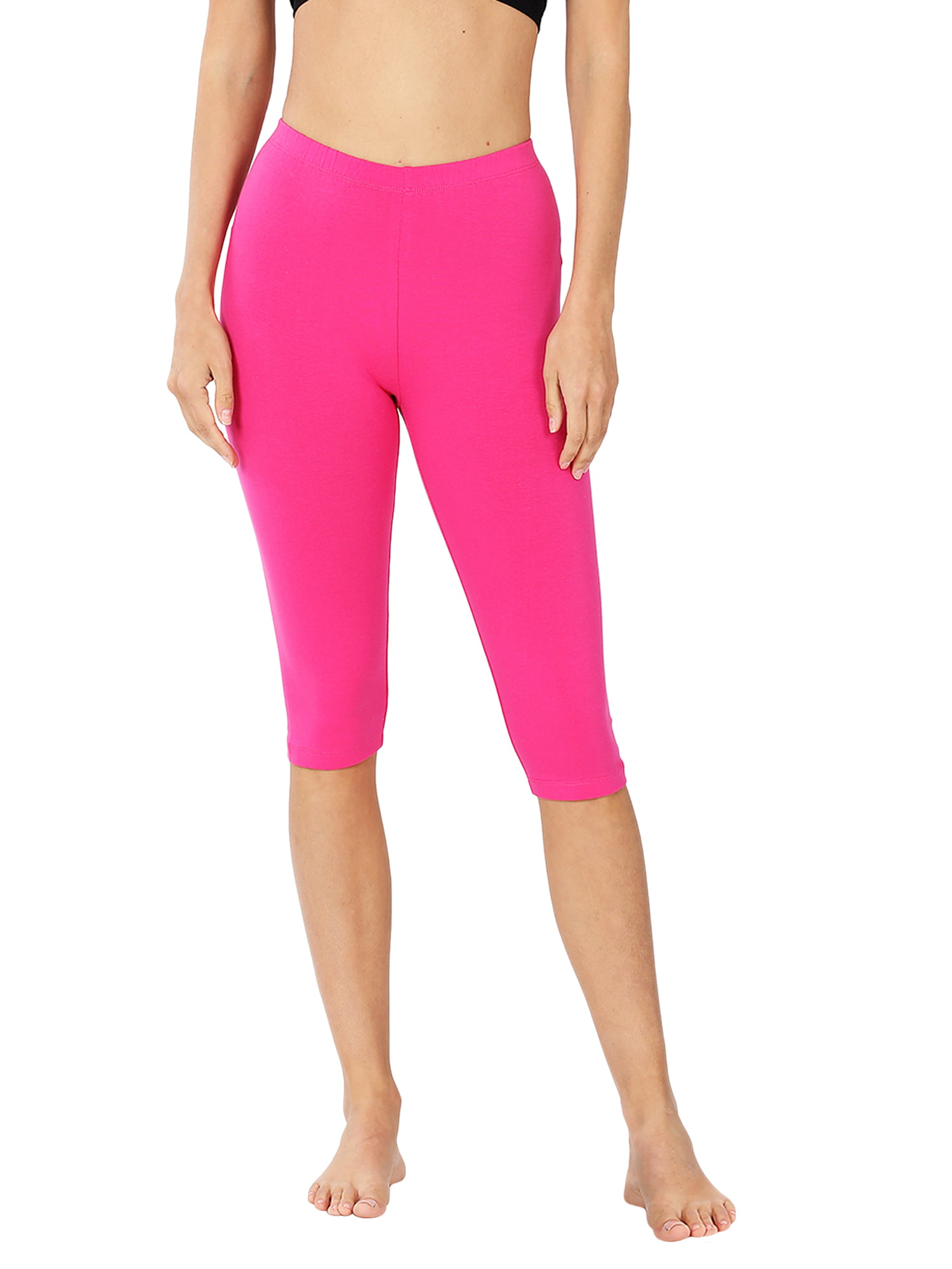 Women & Plus Essential Basic Cotton Spandex Stretch Below Knee Length 15  Leggings (Hot Pink, XL) 