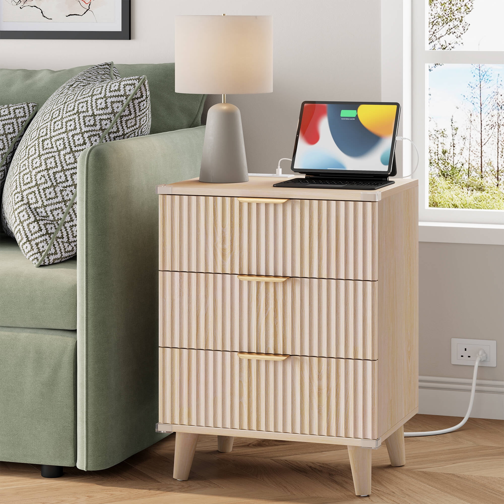 Laintene 3-Drawer Dresser Set of 2, Nightstand with Charging Station - Modern Fluted with Solid Wood Legs, 2 AC Outlets & 2 USB Ports, Small End Table with Storage, Natural